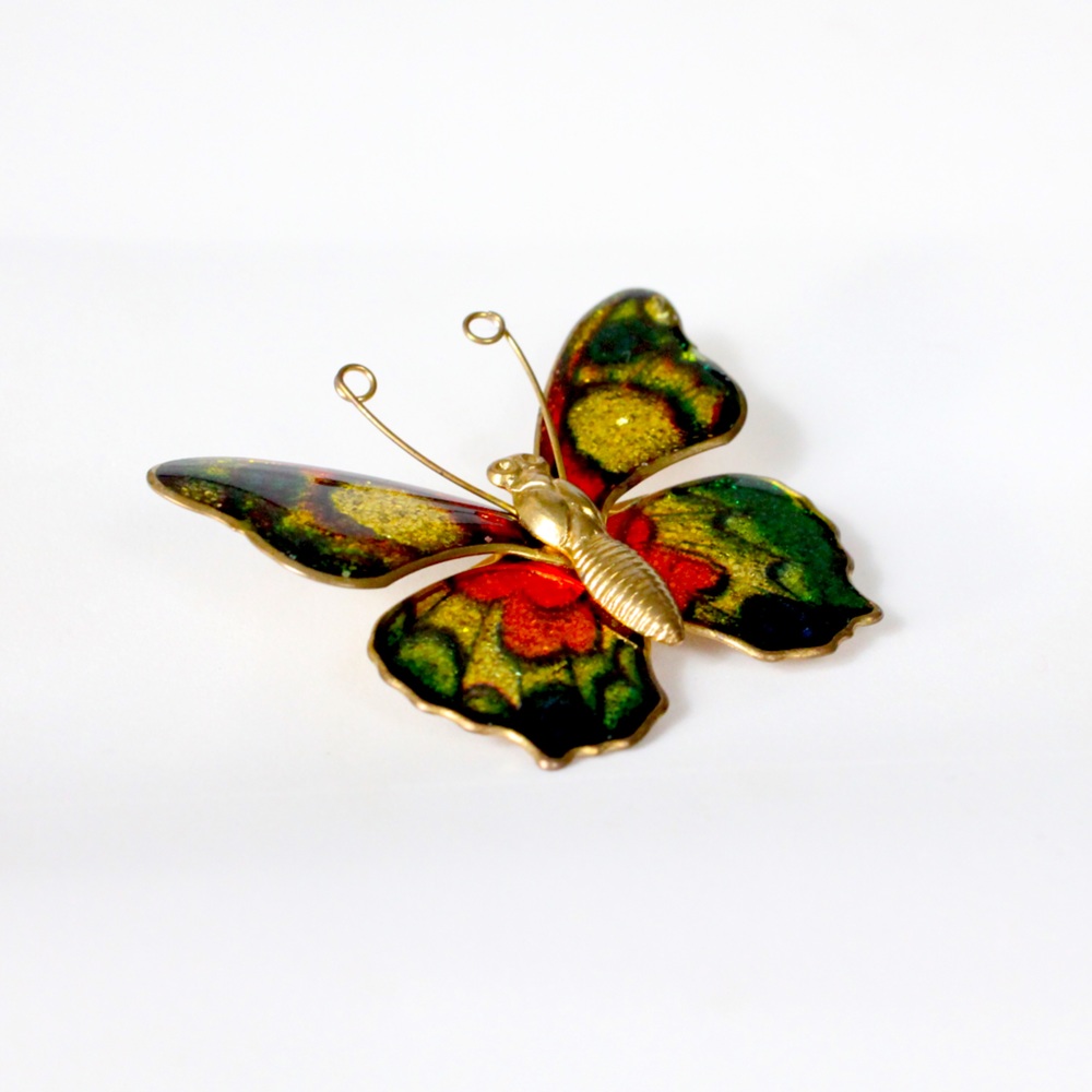 Vintage gold butterfly brooch pin multi colored